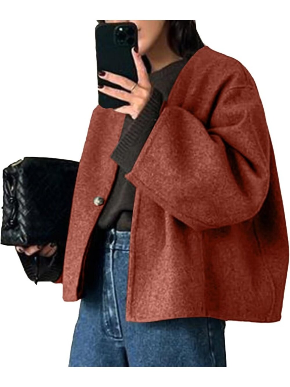 Women Brickred Wool Blend Cropped Collarless Long Sleeve Short Fall Pea Overcoat